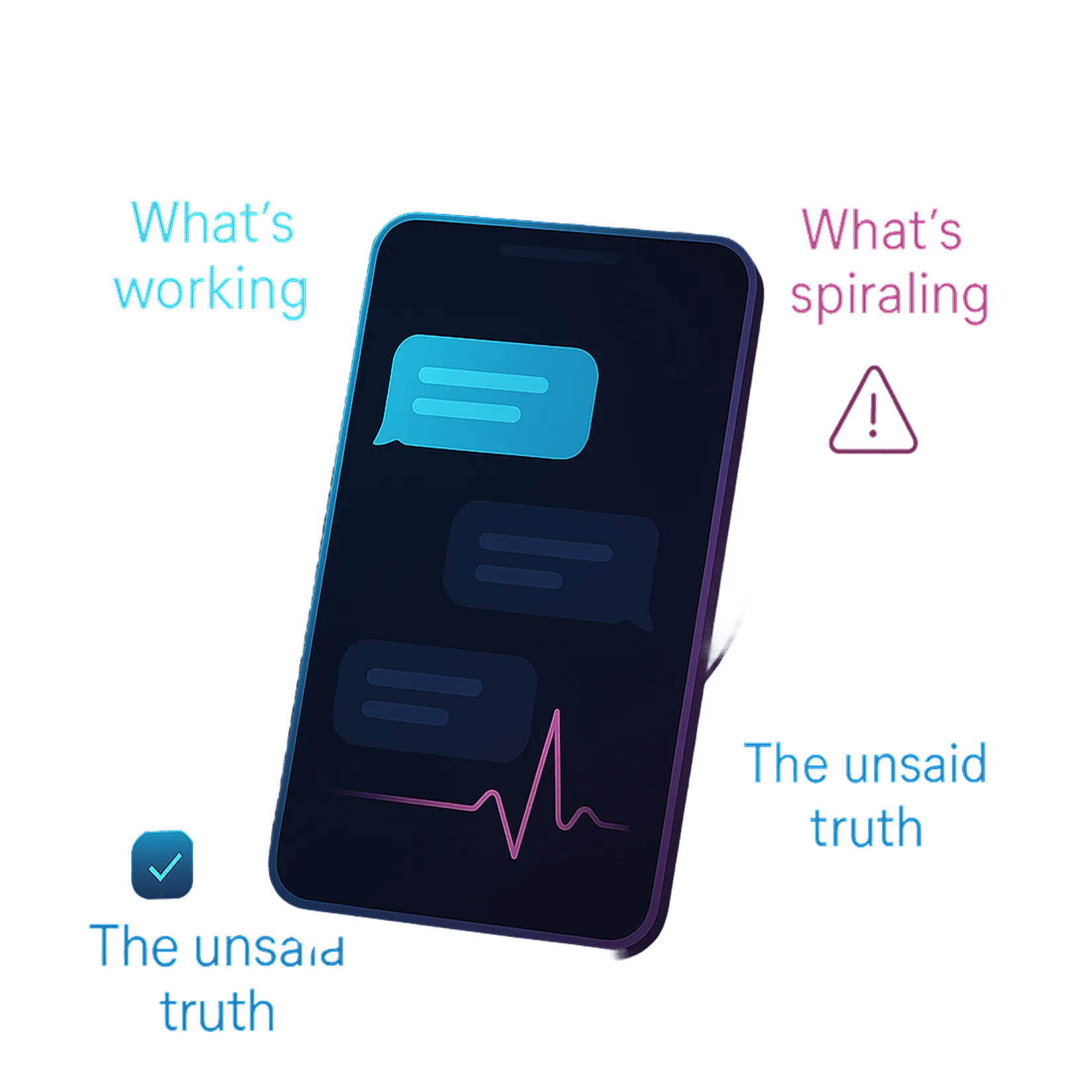 Phone with chat bubbles labelled what's working and what's spiraling